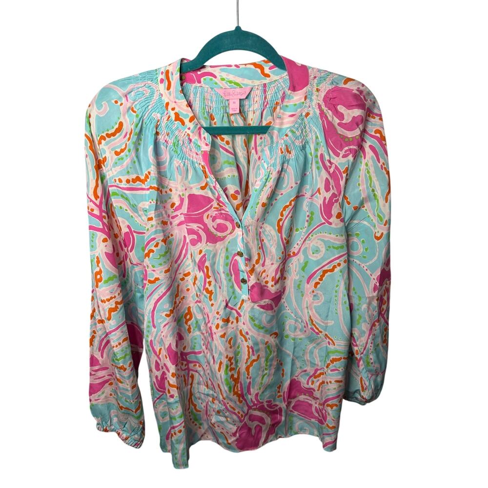 Lilly Pulitzer Elsa Silk Blouse M Jellies Be Jammin Spa Blue Jellyfish